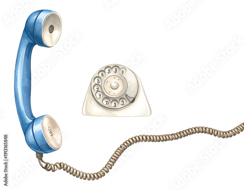 Retro blue telephone handset and rotary dial with coiled watercolor illutrastion transparent background