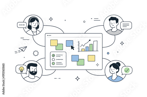 Image Generation. Collaborative online workspace. A remote team working together on a shared digital board, avatars connected by lines and chat bubbles, calm
