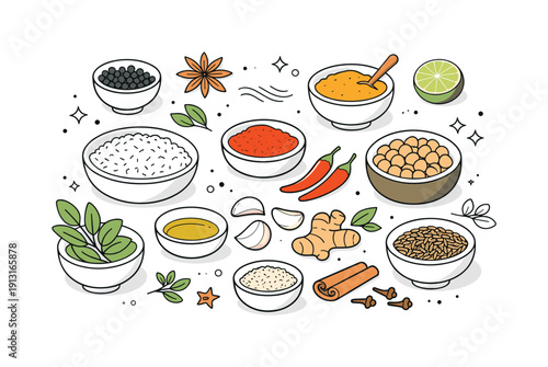 Spices and ingredients. Bowls of spices, herbs and grains arranged in a clean flat lay, hinting at ethnic recipes. Calm editorial still life
