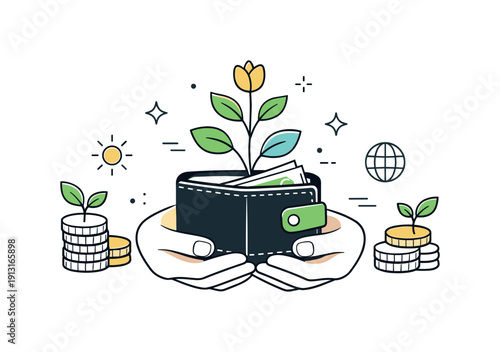 Ethical finance visuals. Hands holding a wallet connected to plant growth and coins, abstract scene expressing sustainable money management