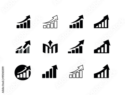Effective Habit Icons. Building effective work habits. Icon set. Set Logo of Building effective work habits: rising progress bars. harmonious logo variations