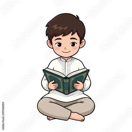 Young boy reading book with happy expression in traditional outfit