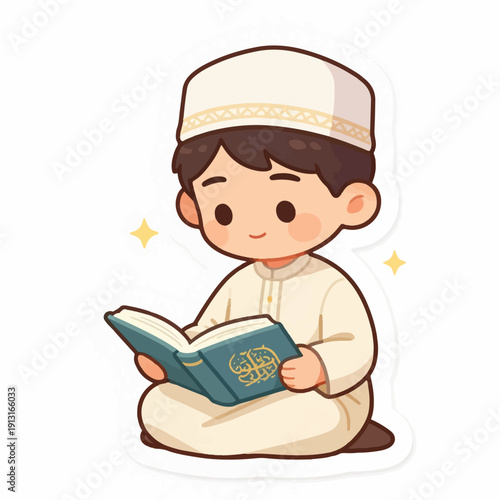 Young Muslim boy reading Quran with peaceful expression