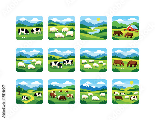 Grazing in valley. Colorful flat vector icons set of grazing in valley: grazing cows, sheep pasture, green valley landscape, rolling hills,