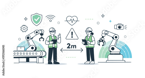 Image Generation. Smart factory safety system. Workers and robots operating together with motion sensors ensuring safe distances. Clear, reassuring mood with