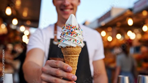 Person holding soft serve ice cream cone with colorful sprinkles against blurred background lights