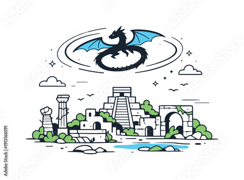 Image Generation. Forgotten civilization protection. A dragon circles slowly above an ancient city partially reclaimed by nature. Gentle motion lines suggest
