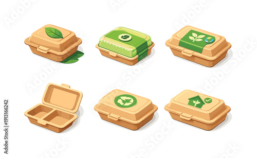 Compostable food container. Isometric flat vector icons set of compostable food container: organic material packaging, sealed compost wrap,