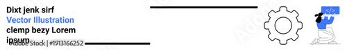 Software development, coding, programming education, technology integration, workflow management, creative solutions. Gear icon and person coding at a computer. Software development and coding