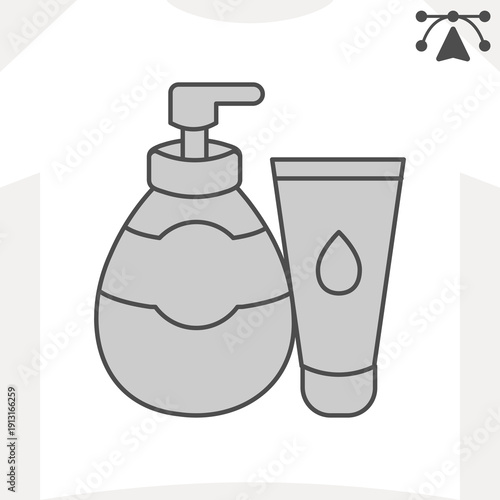 Liquid soap, antiseptic and hand cream tube isometric icon, cosmetics concept. Vector graphics. Bottle and tube cream sign and editable stroke, outline style icon for mobile or web design.