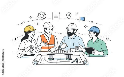 Civil engineering teamwork. Several engineers discussing bridge elements around drawings and models, symbolizing collaboration and shared