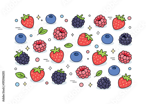 Image Generation. Berry flat lay composition. Fresh berries spread evenly, creating a simple and appetizing pattern. Clean and modern food illustration with