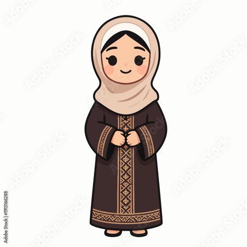 Smiling woman wearing traditional Arabic hijab and abaya standing confidently