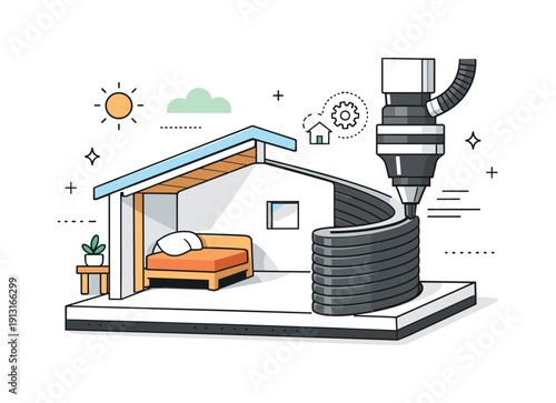 3D-printed housing solutions. A printer nozzle laying smooth layers to form a simple shelter wall, shown in a clean cutaway view. The mood