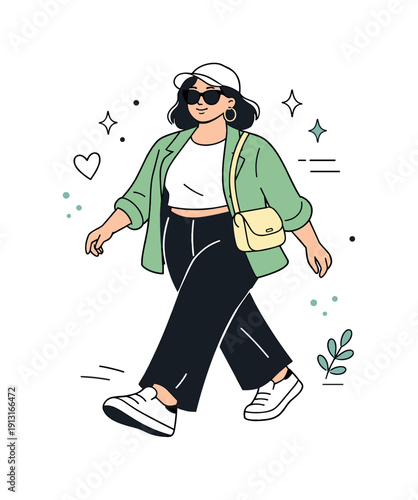 Confident Plus-Size Style. Plus-size fashion trends. A confident plus-size person wearing a modern outfit, walking forward with relaxed posture and