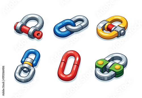 Colorful Isometric Hardware Icons. Heavy steel hardware. Isometric flat vector icons set of heavy steel hardware: chain shackle link, connecting chain link,