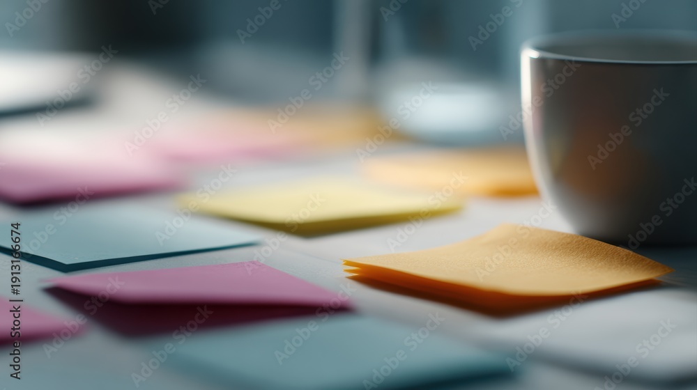 Fototapeta premium Working with post it notes planning teamwork collaboration, marketing moodboard office scene