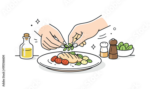 Herb Garnishing Elegance. Food garnishing ? adding herbs to a finished dish. A calm kitchen scene with hands gently placing fresh herbs on a plate, expressing
