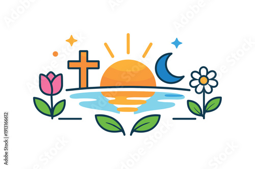 Spring religious holiday abstract balance of nature and spirituality shown through light, flowers and simple sacred forms,