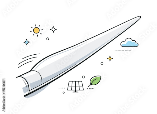 Wind turbine blade close-up. A single windmill blade viewed from an angle, smooth surface and simple highlights emphasizing form and scale.