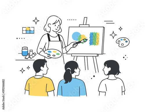 Image Generation. Painting technique demonstration. An art teacher showing color mixing and texture on a canvas, students observing closely.