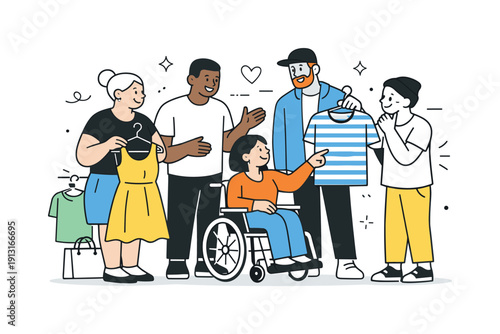Inclusive fashion concept. Different-sized characters browsing clothes together, calmly interacting and exchanging opinions. The illustration