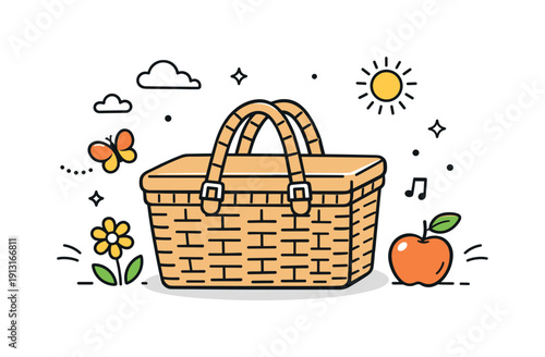 Wicker picnic basket. A closed wicker basket with simple details, arranged like a quiet editorial still life. The mood is cozy and natural,