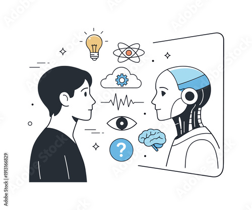 Questioning identity and awareness. A human looking at their reflection that subtly transforms into a synthetic face, with floating abstract