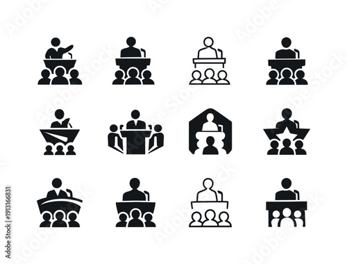 Political speeches. Icon set. Set Logo of Political speeches: leader addressing audience. harmonious logo variations of the same emblematic