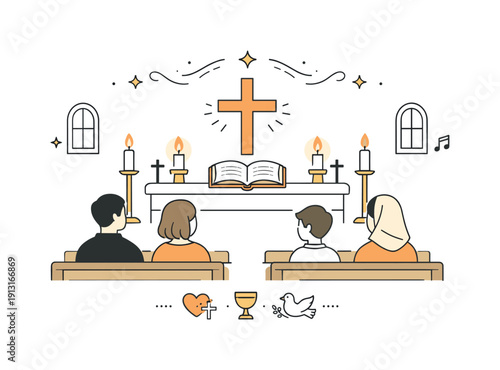 Christian holidays and their traditions. Simple church interior with people attending a service, candles and crosses softly highlighted.
