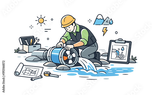 Micro-Hydro Turbine Setup. Installing a micro-hydro turbine. A technician calmly adjusts a small turbine in a stream, focused work and careful setup of