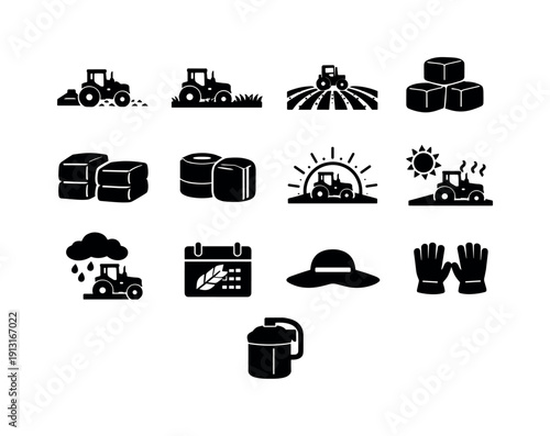 Haying tractor. Solid icon set of seasonal hay work: early cut, mid-season mow, full field, stacked bales, wrapped hay, sunset tractor,