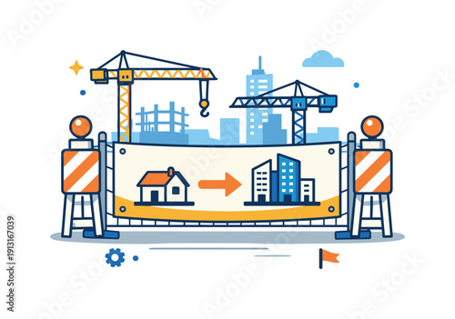 Construction site fence with banner a clean visual metaphor of urban change with a fence and banner framing cranes and buildings in the
