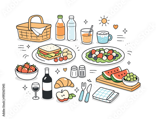Picnic food and accessories. Plates, drinks, fruits and cutlery arranged for a spring day outdoors. Fresh and relaxed atmosphere with modern