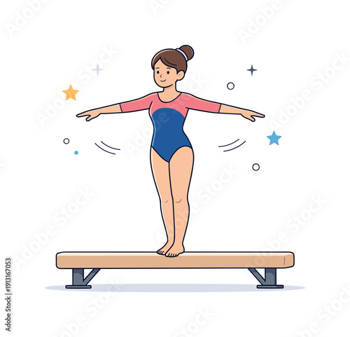Gymnast on the balance beam. Editorial illustration of a gymnast standing confidently on a balance beam, arms gently extended, calm posture