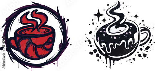 red and black coffee cups with steam and splashes