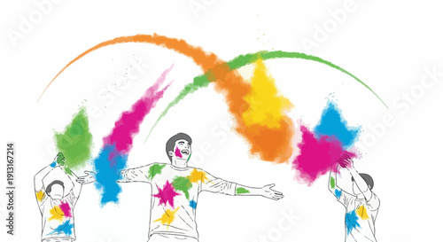 Colorful Powder Throwing People Celebrating Holi Festival.