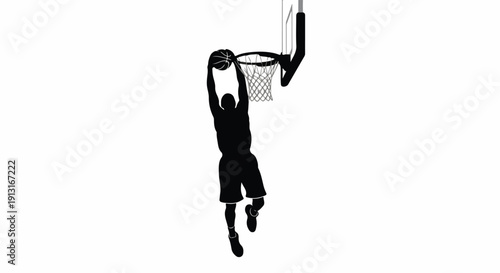A silhouette of a male basketball player dunking a ball into a hoop against a plain white background.
