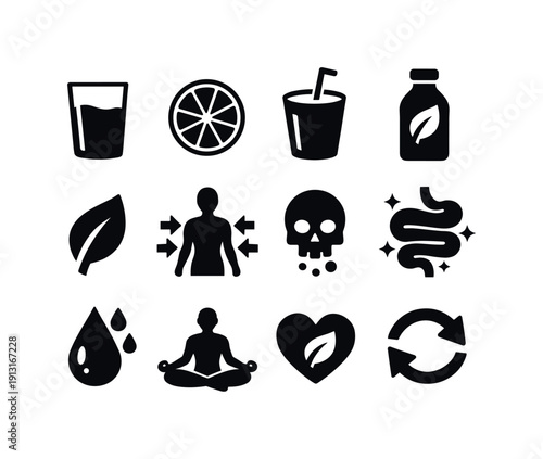 Detox. Solid icon set of detox and cleansing: water glass, lemon slice, green smoothie, detox bottle, leaf symbol, body cleanse arrows, toxin