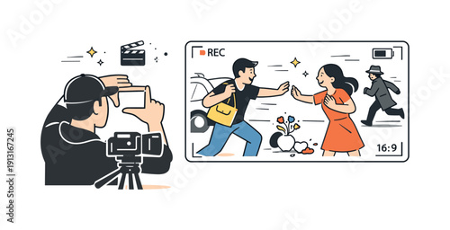 Image Generation. Cinematic storytelling. A director and camera framing a scene, with characters frozen mid-action as if inside a film frame. The illustration