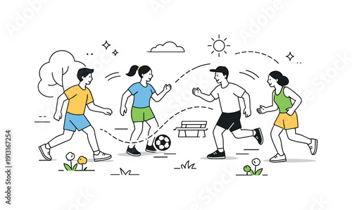 Image Generation. Team play in the park. Friends coordinating passes and movement during a casual soccer game, expressing cooperation and shared fun. Abstract