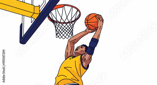Illustration of a basketball player dunking a ball into a hoop with a yellow jersey on a white background.