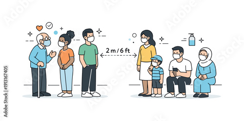 Image Generation. Community response to health crisis. Diverse people following health guidance, wearing masks and keeping distance in a simple public space.