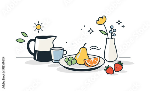 Soft sunlight shadows. A tabletop scene with fruit and ceramics lightly touched by warm sunlight and soft shadows, expressing everyday