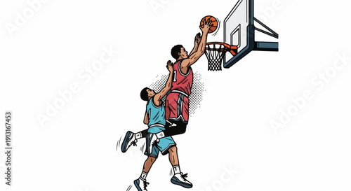 Illustration of two male basketball players jumping to dunk a ball into a hoop with a white background.