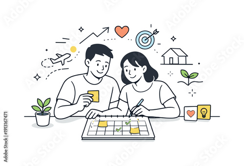 Planning Future Together. Growing together. Partners planning future steps using notes or a calendar, calm optimism and shared vision. Emphasis on commitment