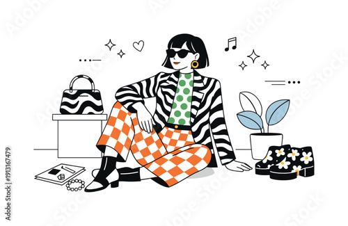 Image Generation. Fashion styling with bold patterns overview. Editorial scene showing a model styled in striking patterned clothing, strong visual rhythm