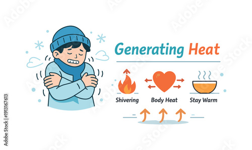 Shivering in cold conditions. A person hugging themselves slightly, with gentle vibration lines and cold air symbols around. The scene