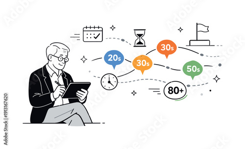 Age and learning pressure. A calm scene of a professional practicing on a tablet while abstract timelines and milestones float nearby,