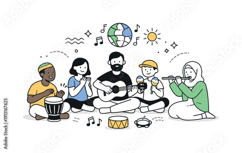 Global rhythm exchange. Group of simple characters sharing music, clapping or playing instruments together. Friendly social scene expressing